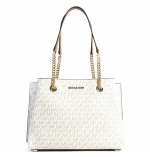 Michael Kors Teagan Large Logo Cream Powder Blush Long Drop Satchel NWT